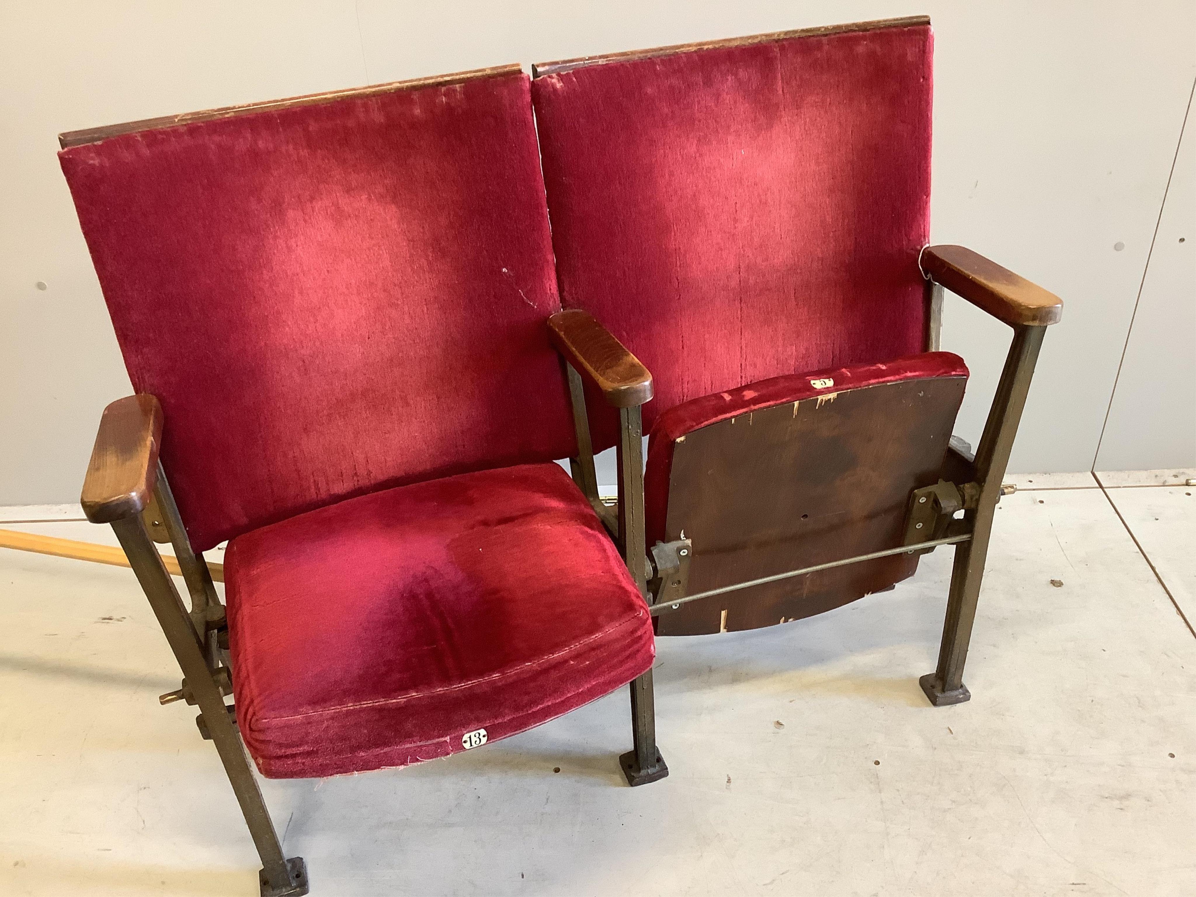 A vintage cinema double seat, width 106cm, height 87cm. Condition - fair